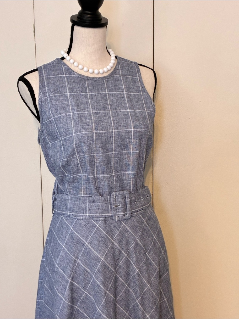 Brooks Brothers Linen and Cotton Gray and White Windowpane Sleeveless Midi Dress - Picture 6 of 15